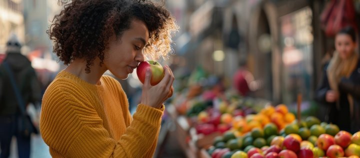 Eine Frau mit Locken und dunkler Hautfarbe und gelben Strickpullover steht links vor einem Gemüsestand draußen. Sie riecht an einem Apfel. Eine Frau hinter dem Stand beobachtet sie.