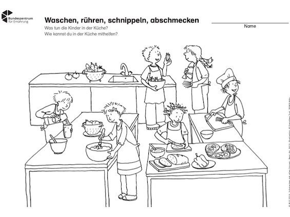 Ausmalbild zum Thema Waschen, Rühren, Schnippeln und Abschmecken.