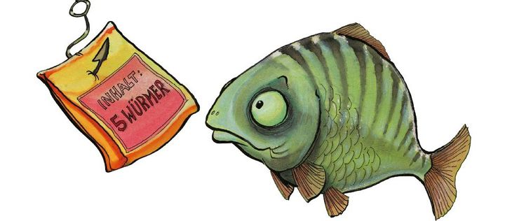 Ein Comic-Fisch schaut eine auf eine Packung mit Würmern, die an einem Angelhaken hängt