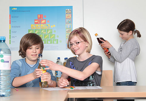 Drei Kinder lesen die Zutatenlisten von Getränken