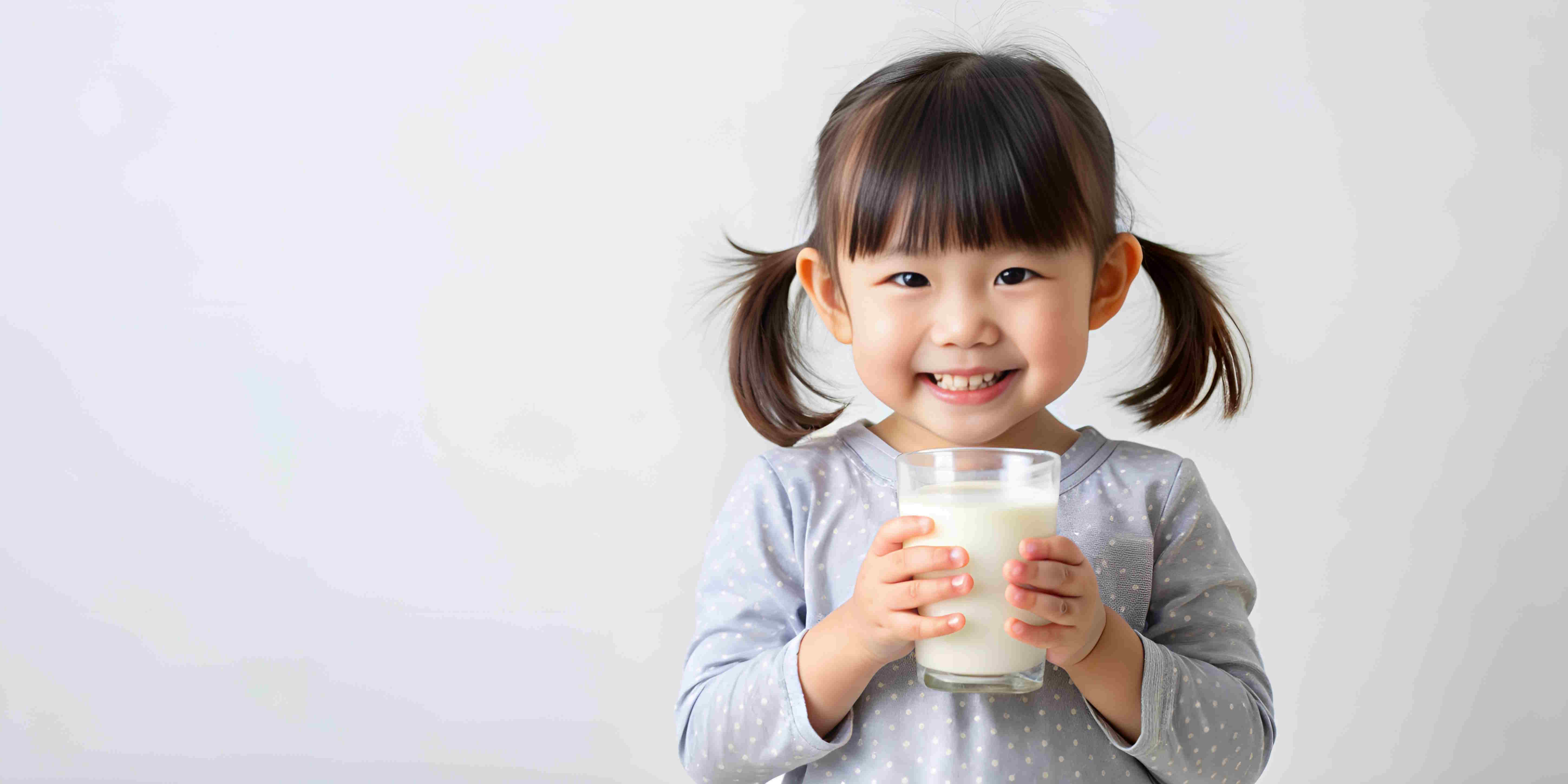 Asiatisches Mädchen hält Glas mit Milchdrink in der Hand.. Artikel "Pflanzendrinks in der Kinderernährung" öffnen.