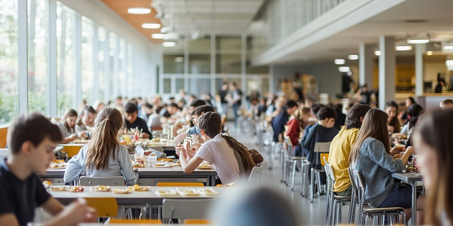Blick in eine Schulmensa mit großen Fenstern. An vielen Tischen sitzen Jungen und Mädchen beim Mittagessen.. Artikel "Schulessen als Herzstück des Ganztags etablieren" öffnen.